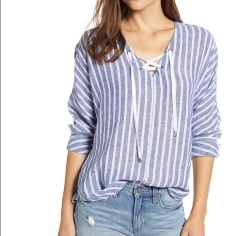 Rails Blue and White Striped Lace-Up V-Neck Blouse